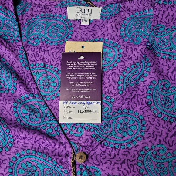 Guru NWT 100% Silk Easy Living Peasant Dress Large/X- Large - Picture 7 of 9